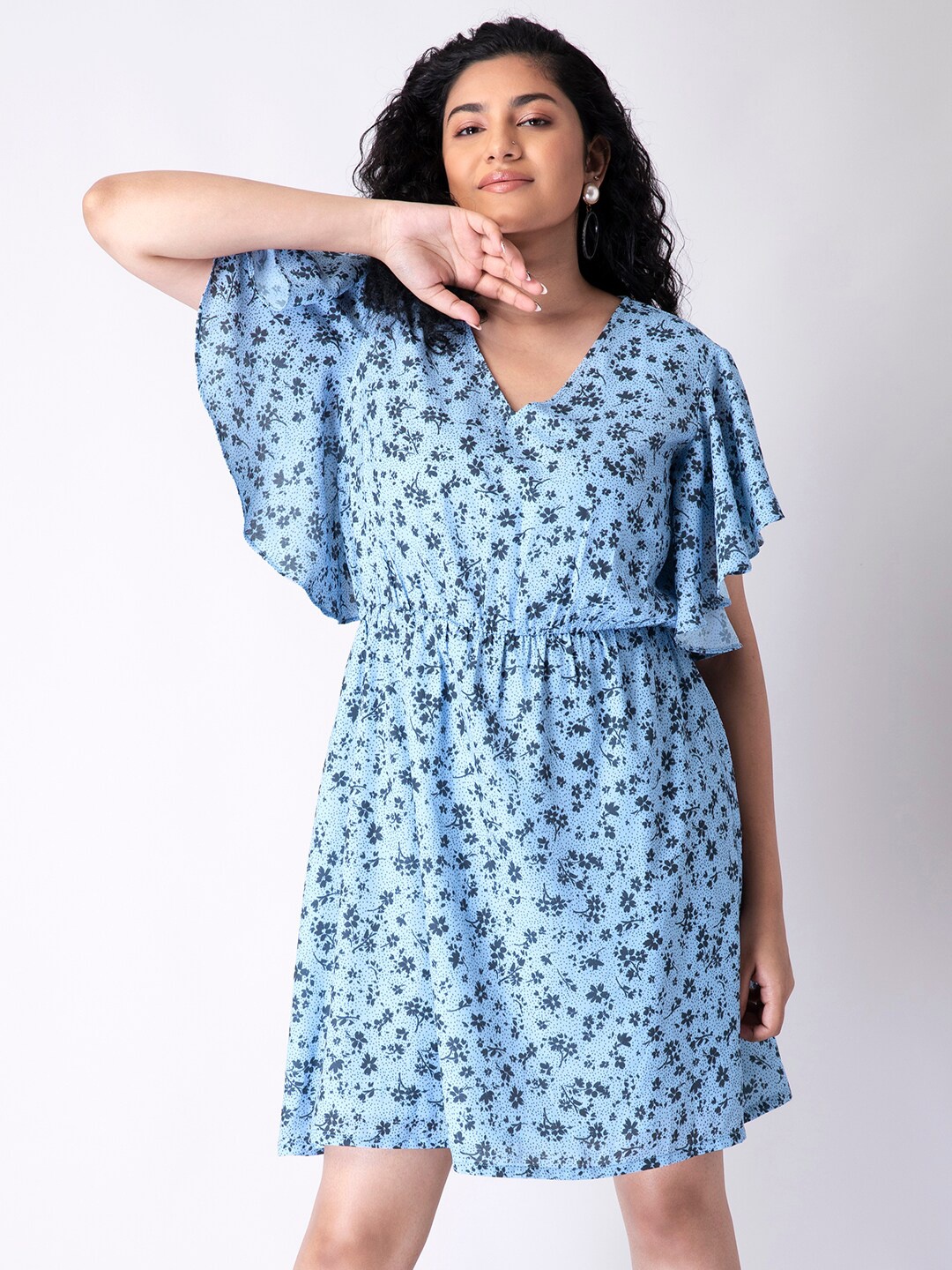 FabAlley Curve Blue Floral Georgette A-Line Dress