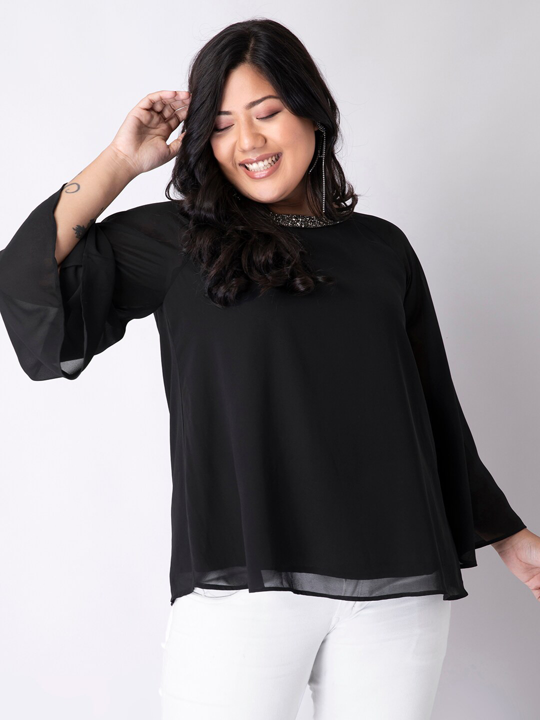 

FabAlley Curve Black Jewel Neck Flared Sleeves Georgette Top