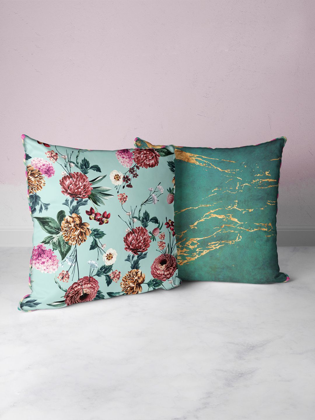 

BIANCA Mint Green & Teal Green Set of 2 Floral Square Cushion Covers