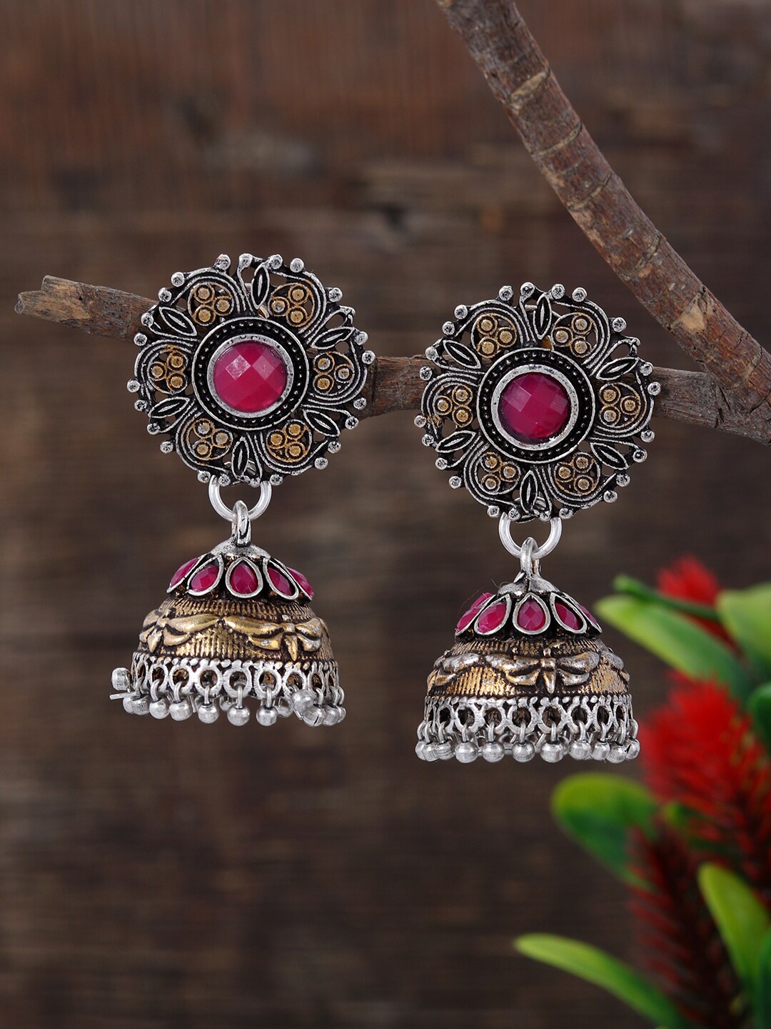 

Silvermerc Designs Silver-Plated Oxidised Stone Studded Jhumkas Earrings