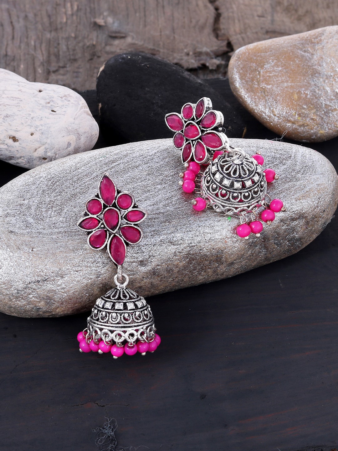 

Silvermerc Designs Pink & Silver-Toned & Plated Stone-Studded Jhumkas Earrings