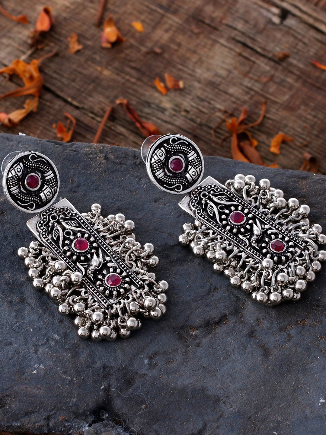 

Silvermerc Designs Red Silver-Plated Oxidised Contemporary Ghungroo Drop Earrings