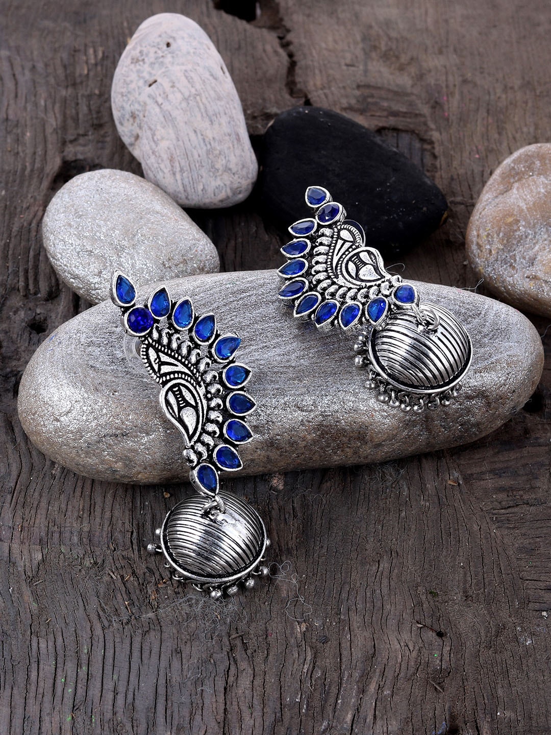 

Silvermerc Designs Oxidised Silver-Plated & Blue Contemporary Jhumkas Earrings