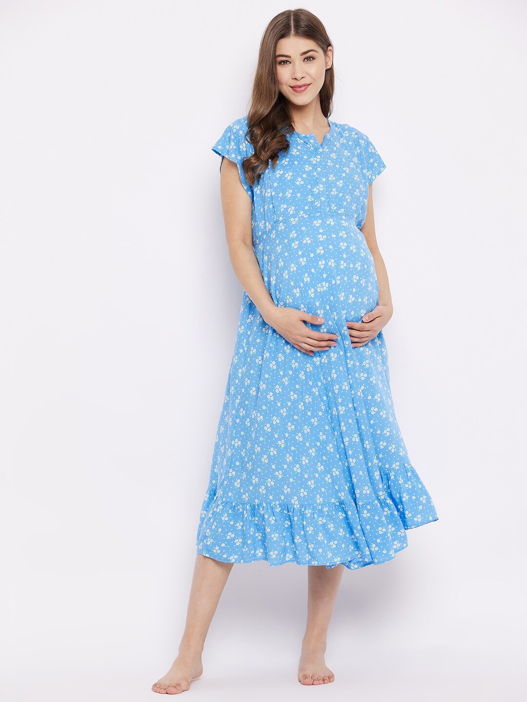 

Hypernation Blue Printed Maternity Maxi Nightdress