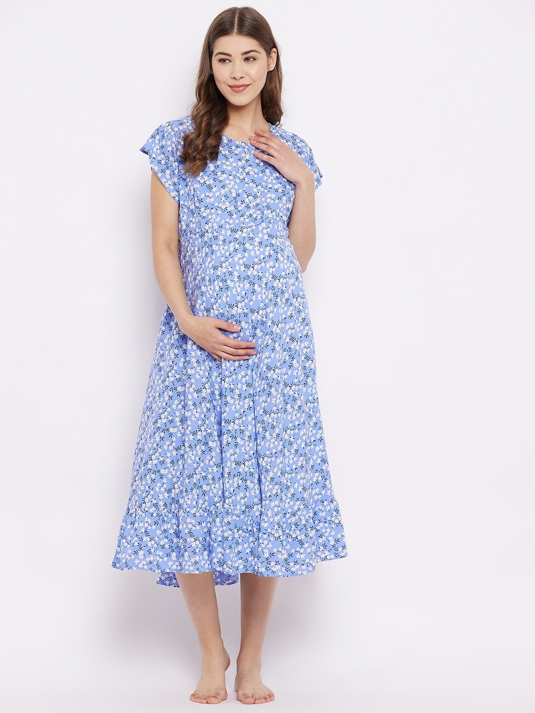 

Hypernation Blue Printed Maternity Maxi Nightdress