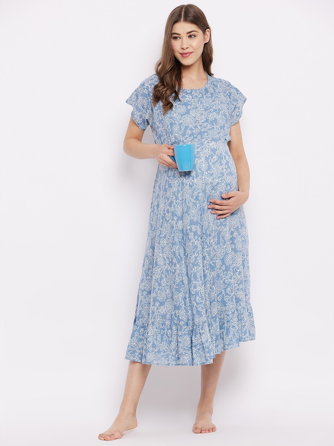 

Hypernation Blue Printed Maternity Nightdress