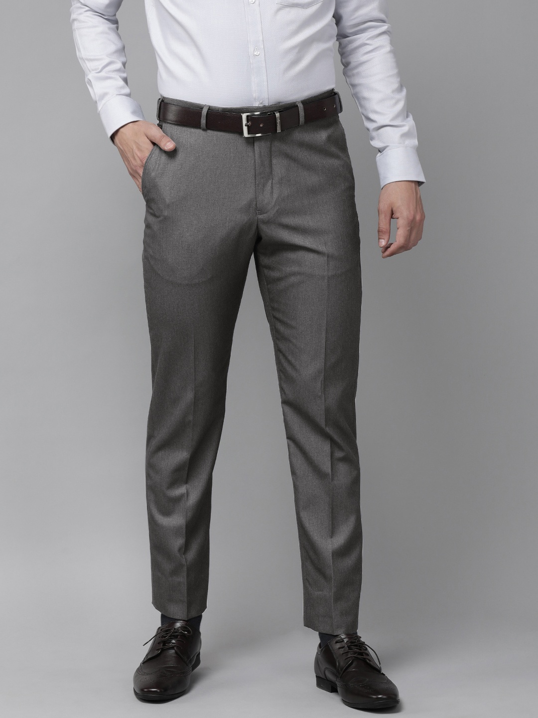 

Park Avenue Men Grey Solid Mid Rise Formal Trousers