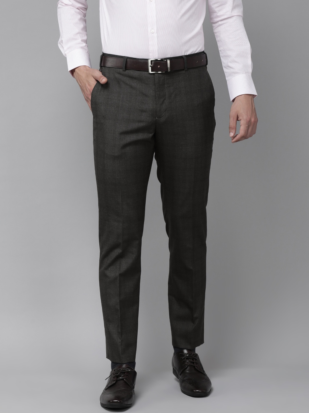 

Park Avenue Men Dark Grey Checks Mid Rise Formal Trousers