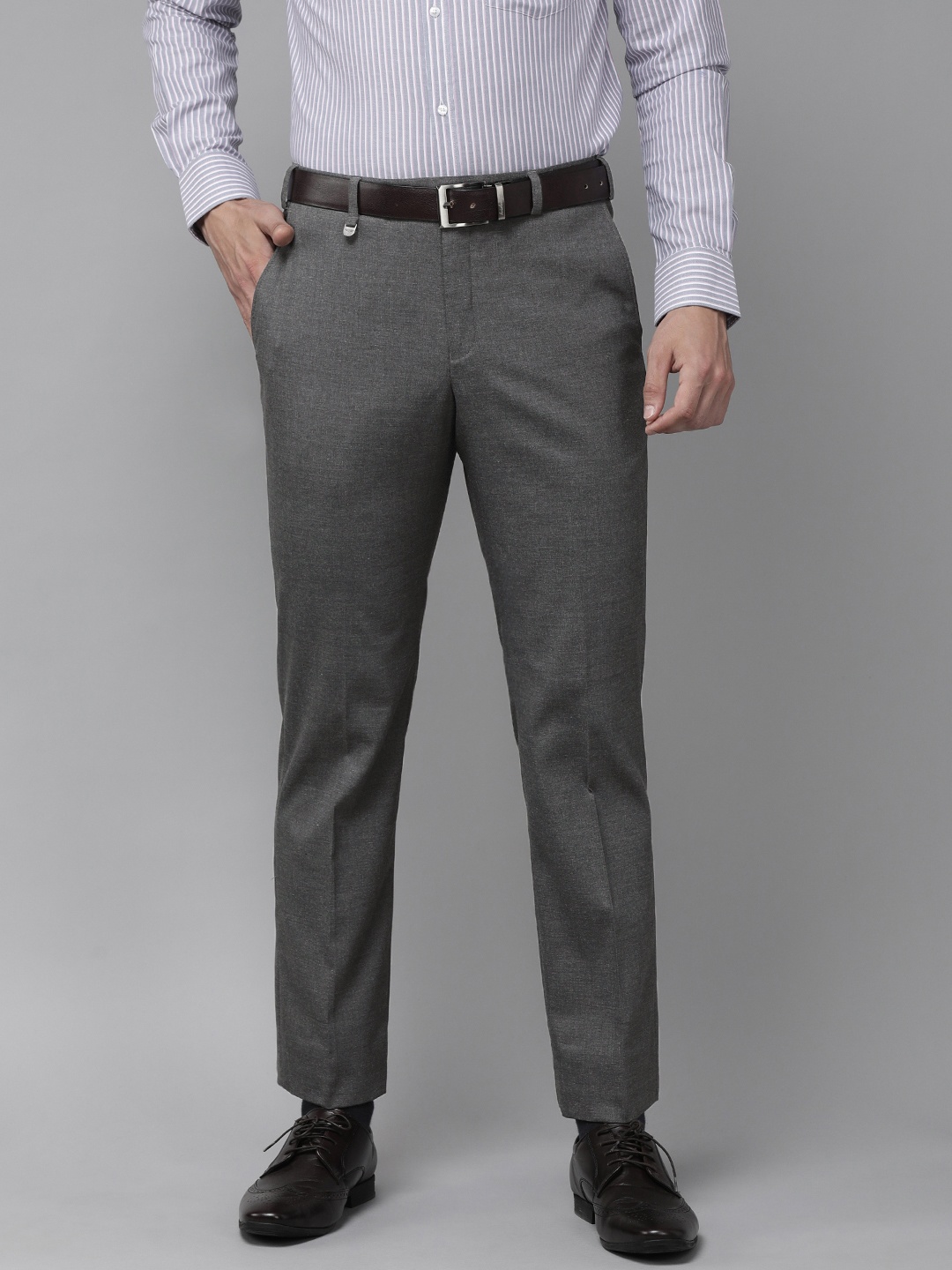 

Park Avenue Men Grey Solid Mid Rise Formal Trousers