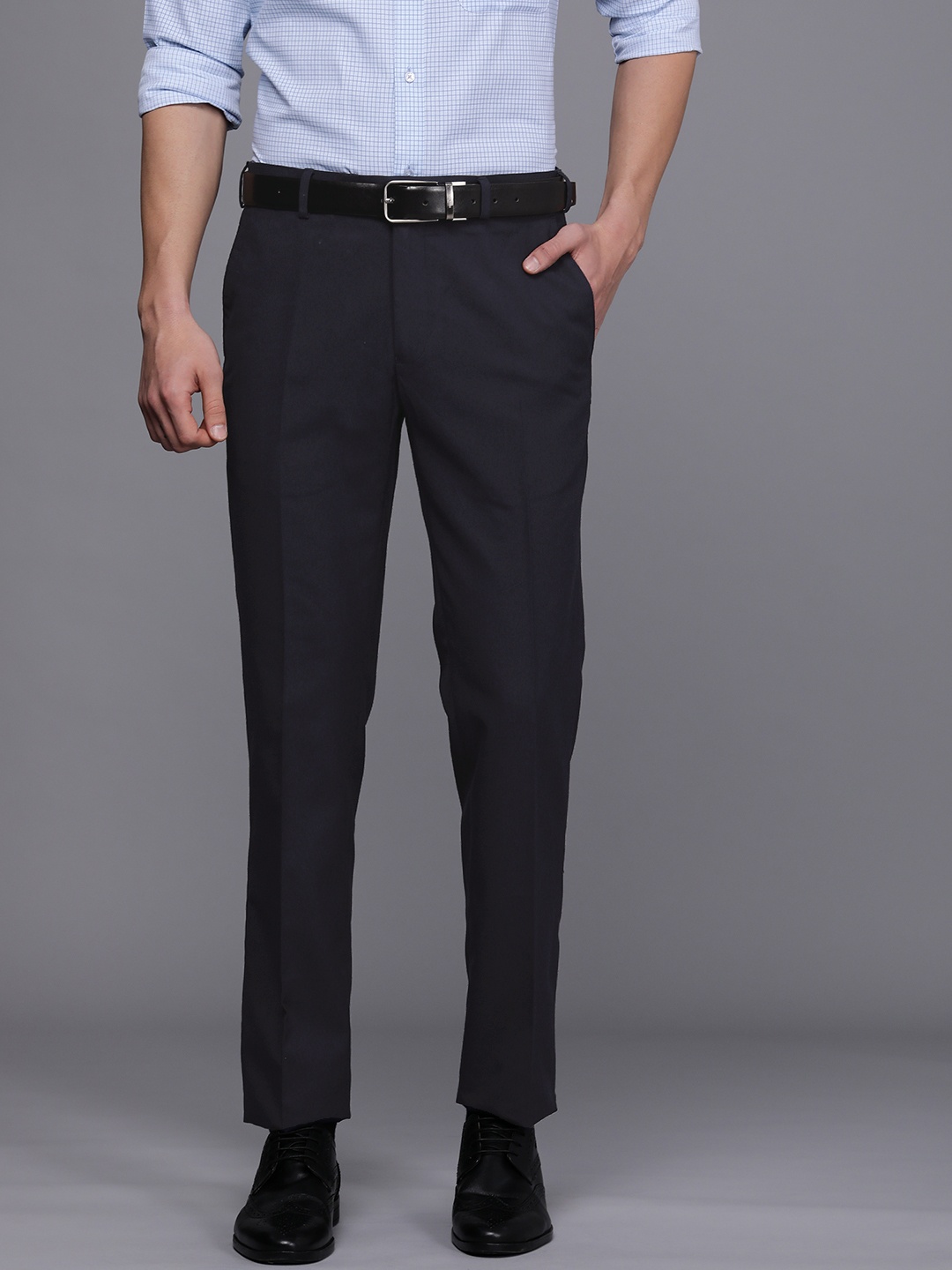 

Raymond Men Blue Solid Mid Rise Slim Fit Trousers