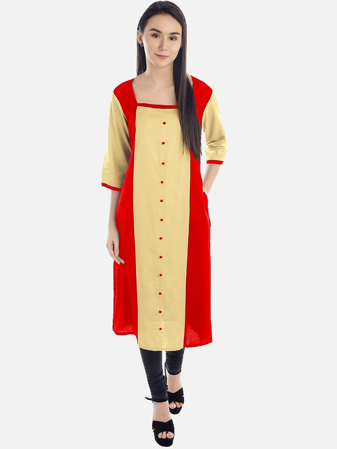 

KALINI Women Red & Yellow Colourblocked Cotton Kurta