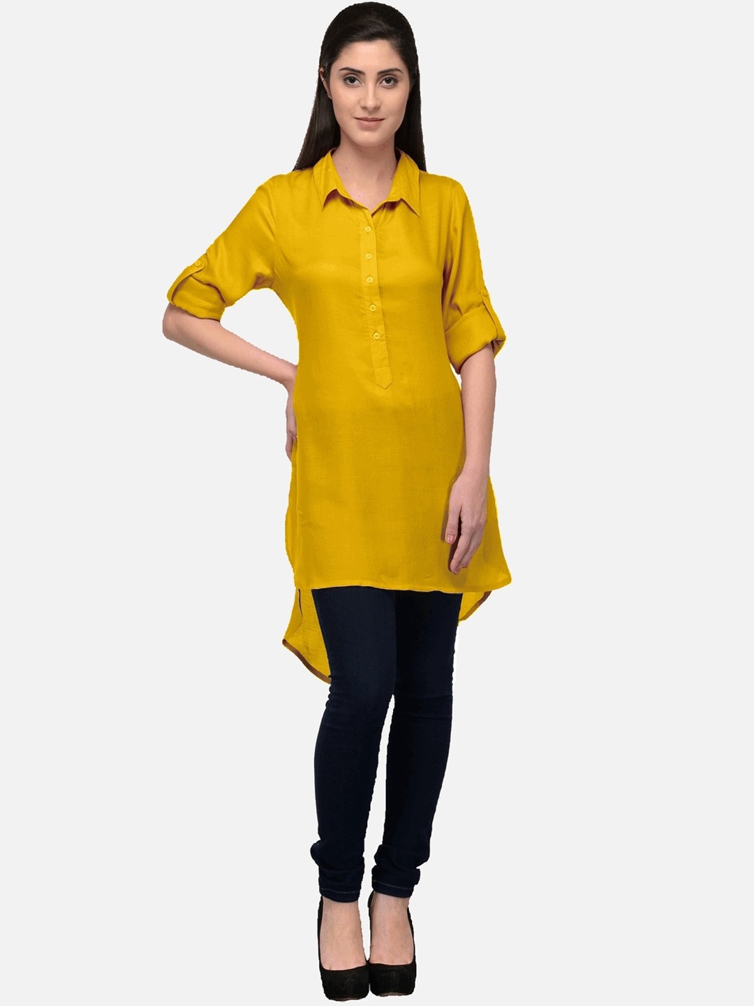 

KALINI Women Mustard Yellow Colourblocked Thread Work Asymmetric Pathani Kurta