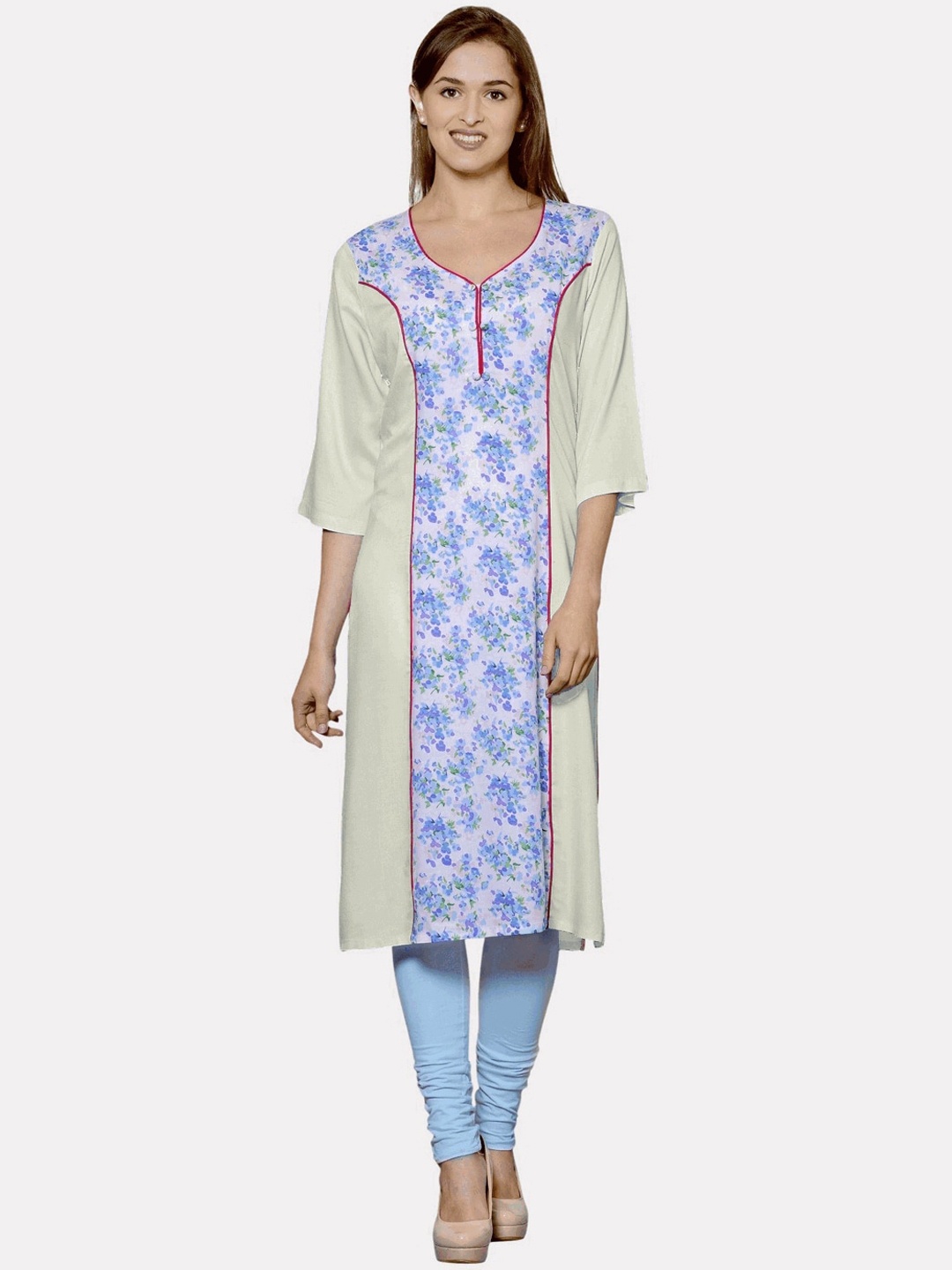 

KALINI Women Off White & Blue Ethnic Motifs Printed Kurta