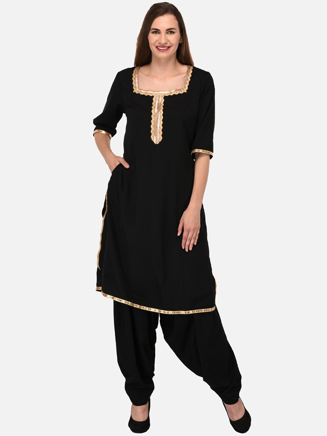 

KALINI Women Black Yoke Design Thread Work Cotton Kurta