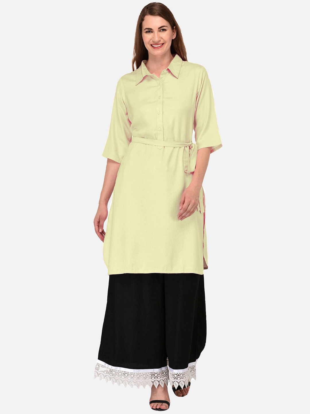 

KALINI Women Cream-Coloured Pathani Cotton Kurta With Tie Belt