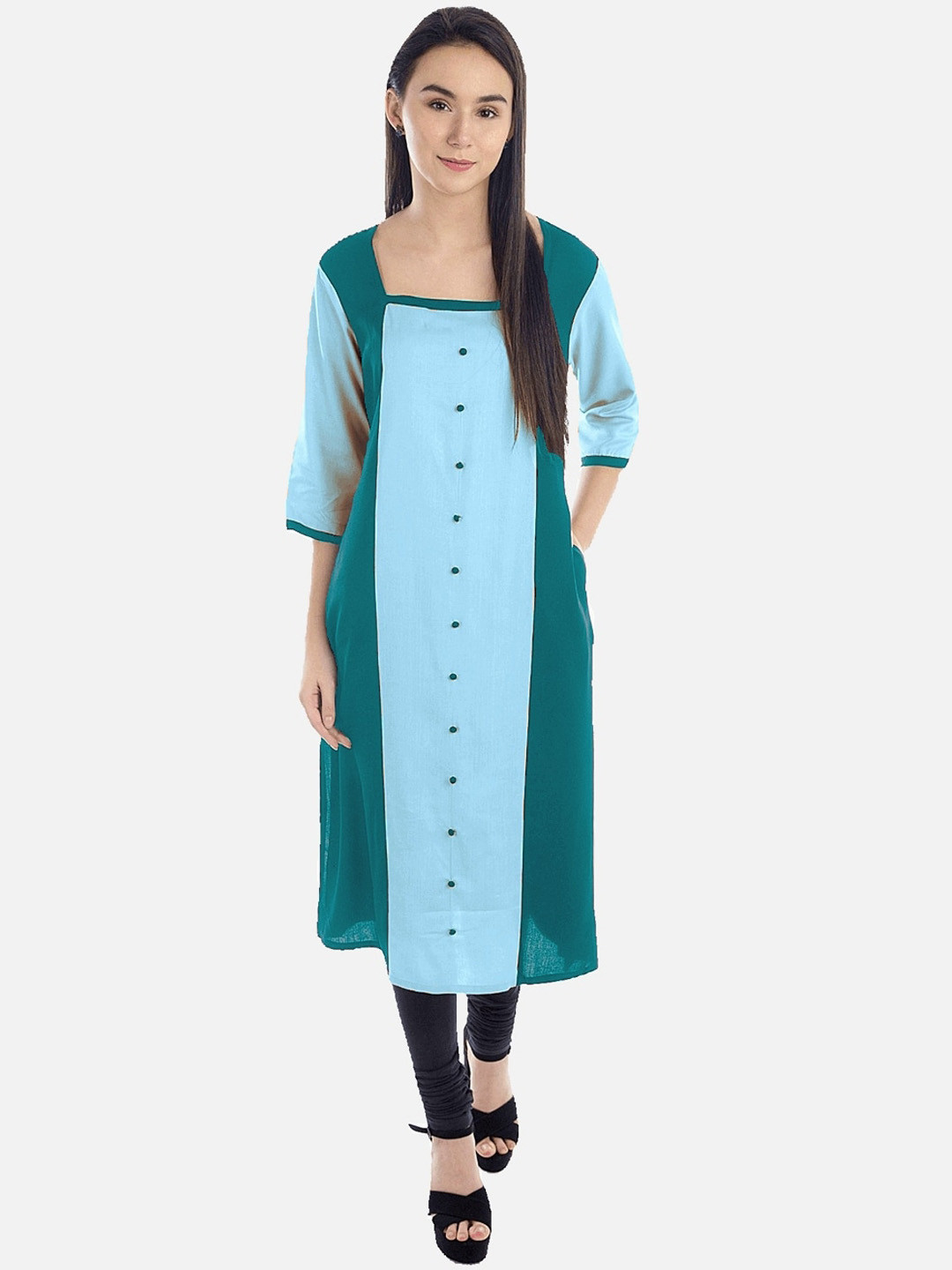 

KALINI Women Sea Green Colourblocked Panelled Kurta