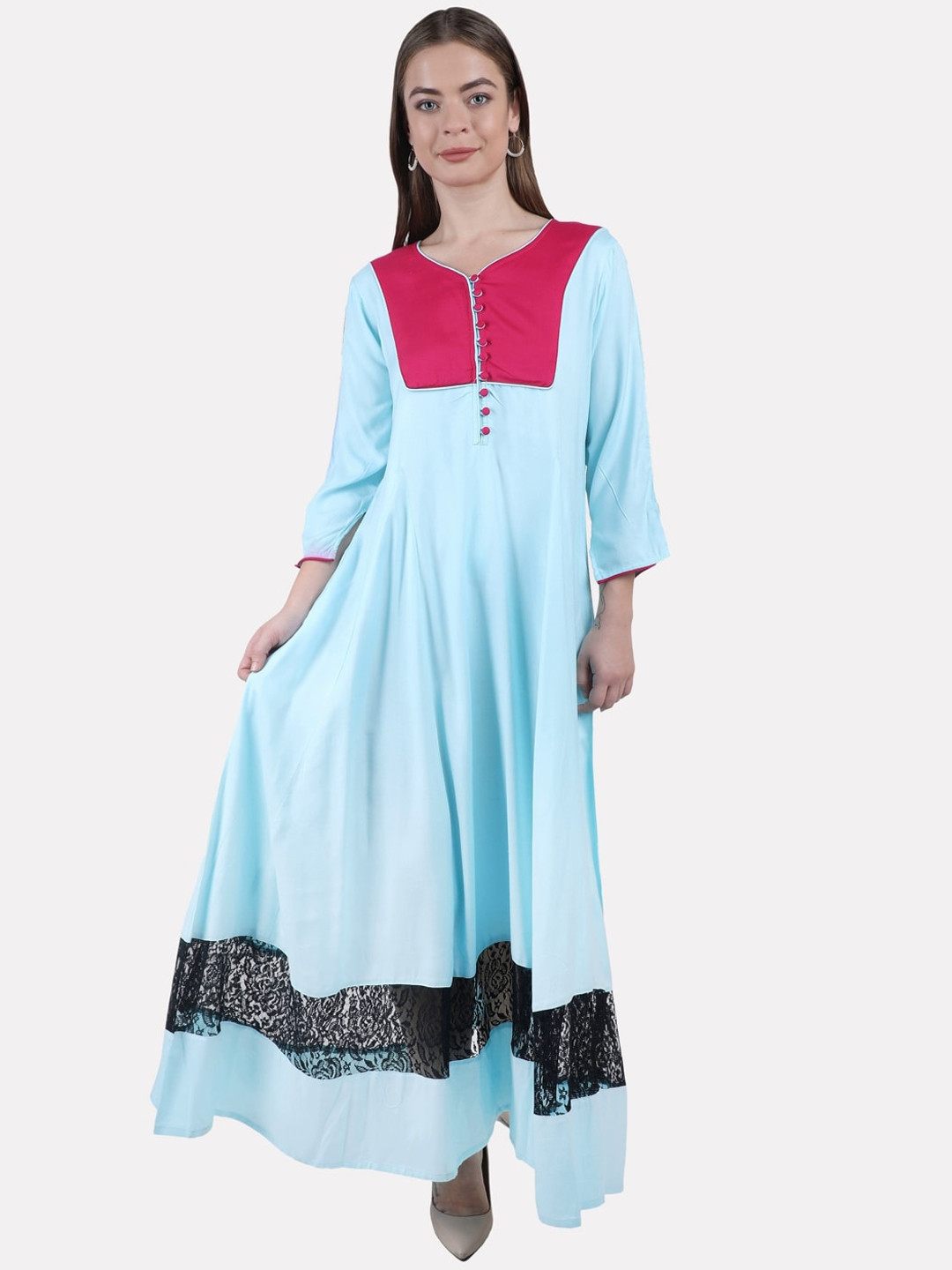 

KALINI Women Blue & Pink Yoke Design Anarkali Cotton Kurta