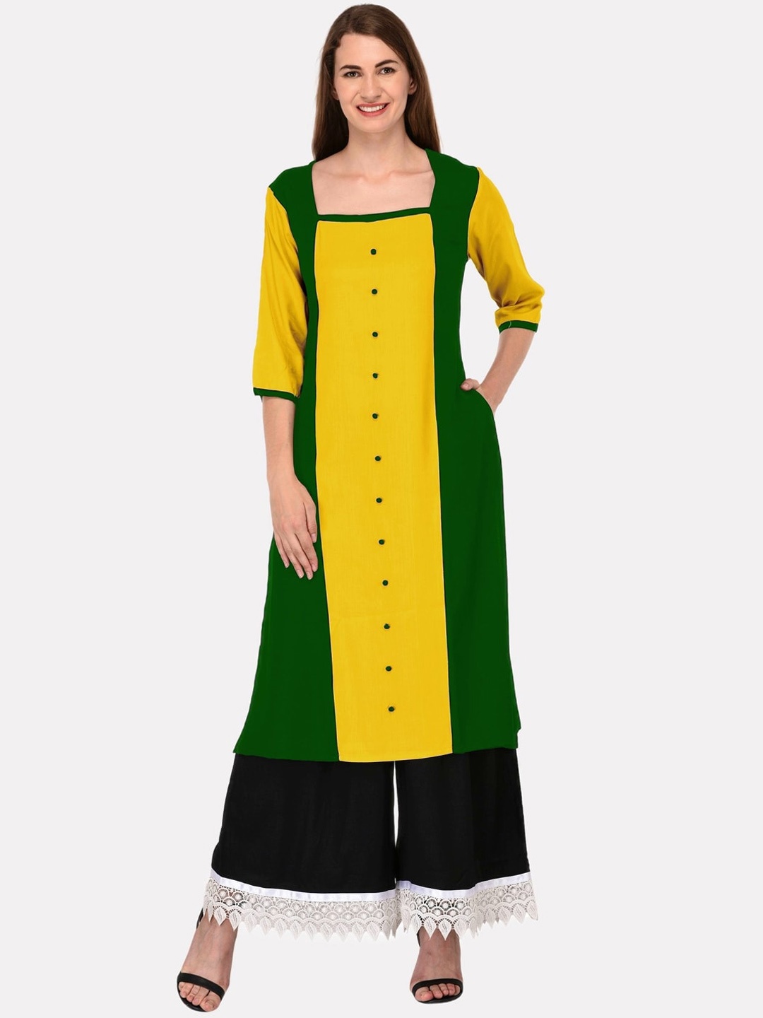 

KALINI Women Green Colourblocked Thread Work Tiering Kurta