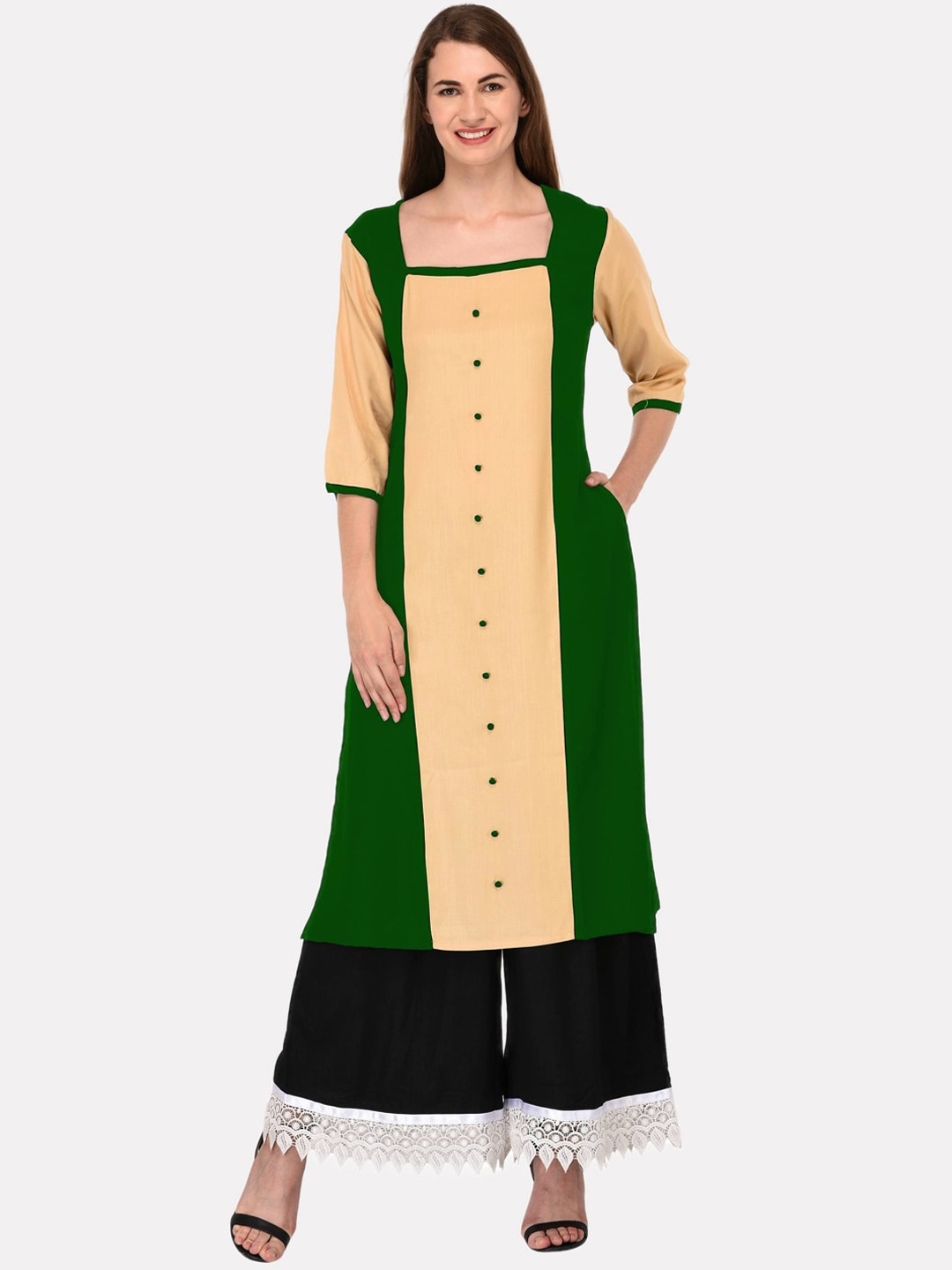 

KALINI Women Green & Peach-Coloured Colourblocked Cotton Kurta