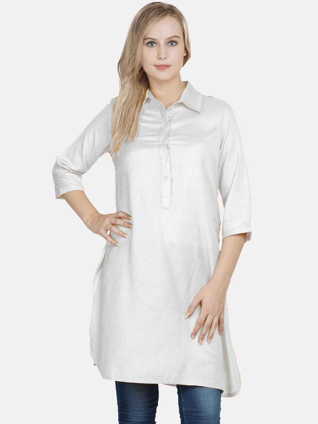 

KALINI Women White Cold-Shoulder Sleeves Thread Work Kurta