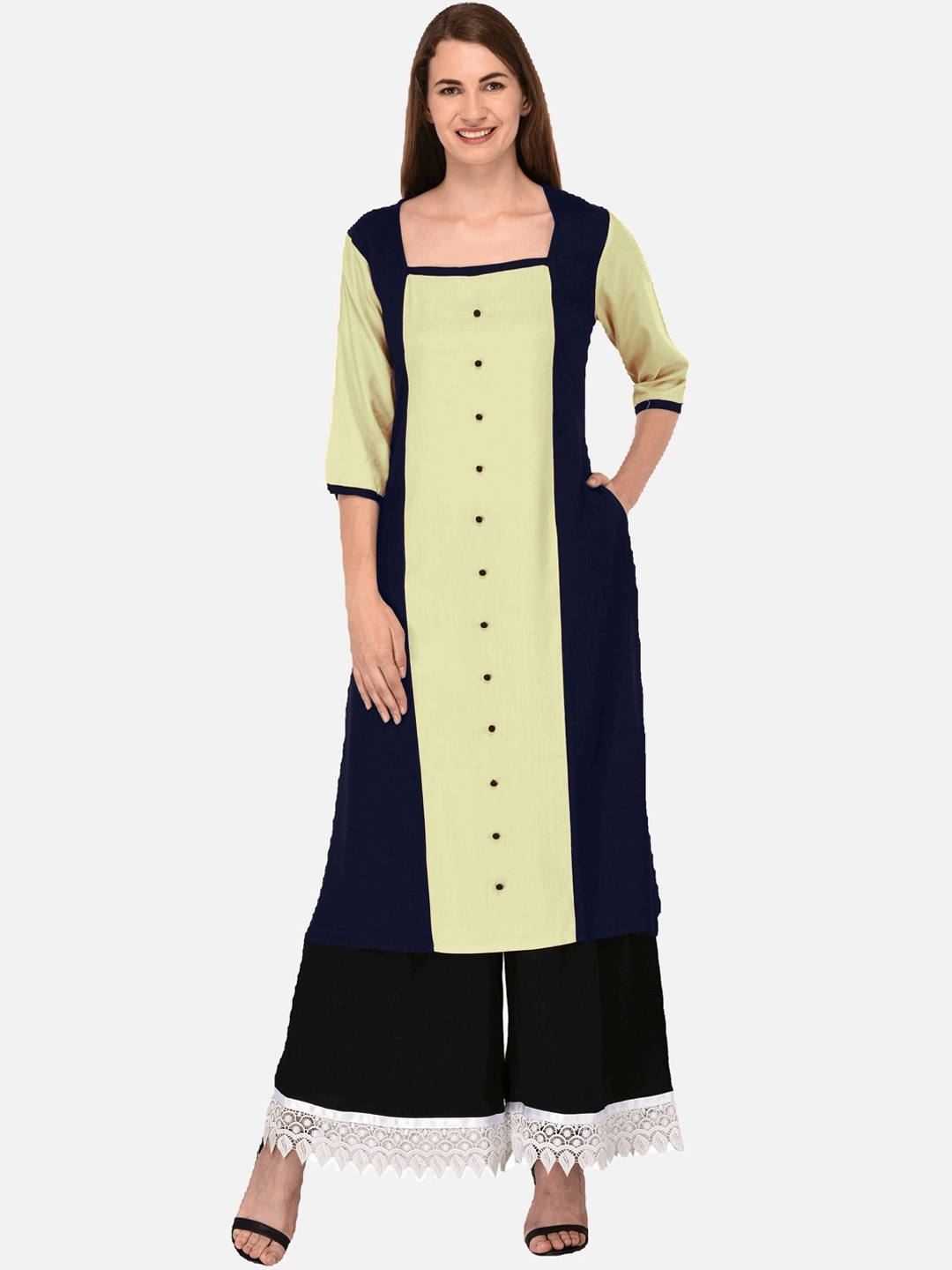 

KALINI Women Blue & Green Colourblocked Cotton Kurta