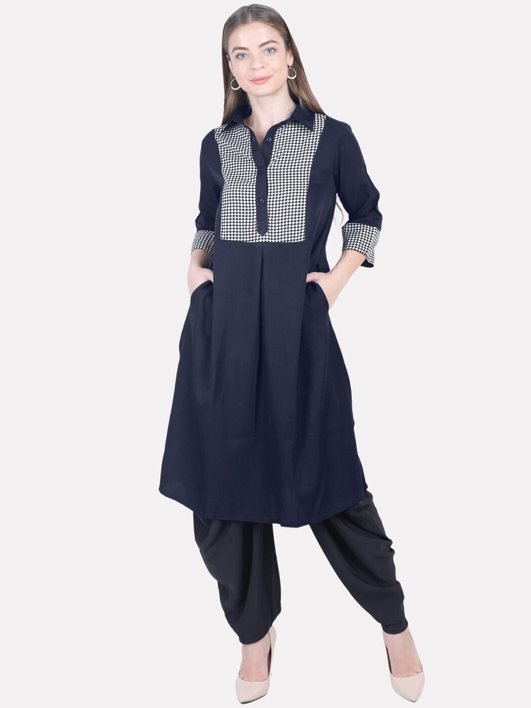 

KALINI Women Teal Geometric Yoke Design Kurta