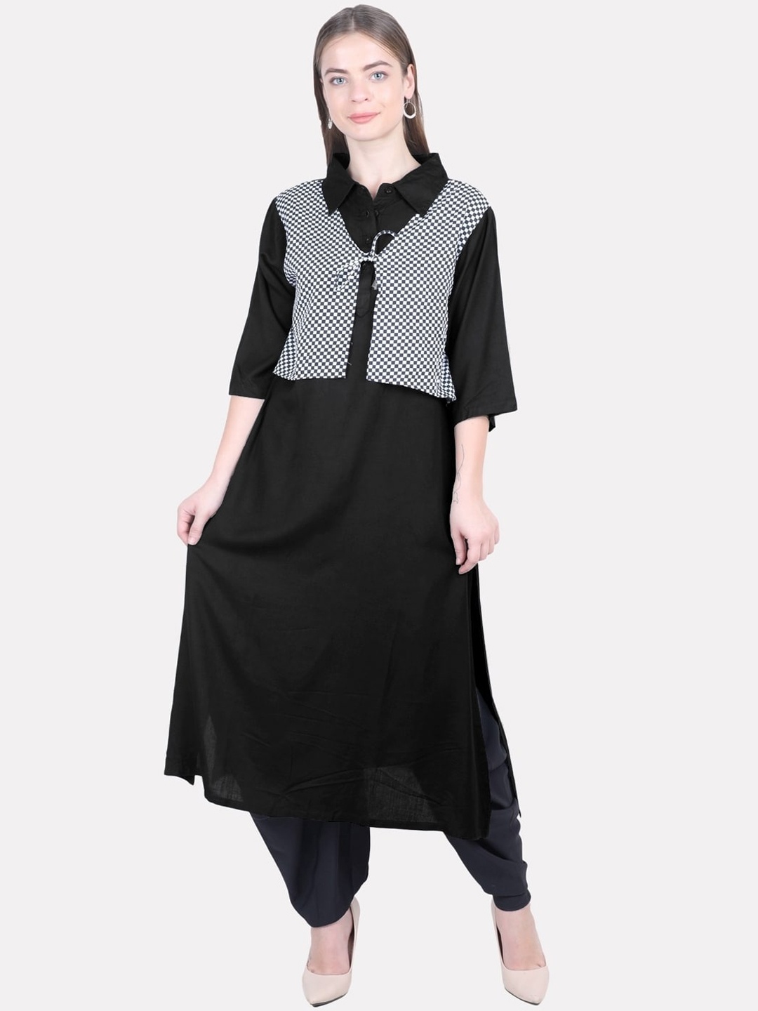 

KALINI Women Black Yoke Design Pathani Kurta