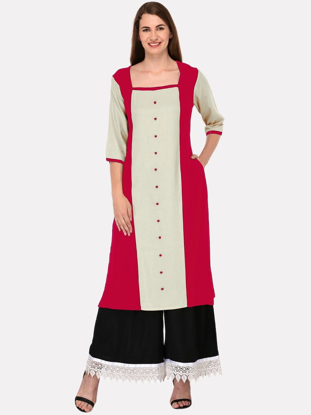 

KALINI Women Fuchsia & Off-White Colourblocked Panelled Kurta