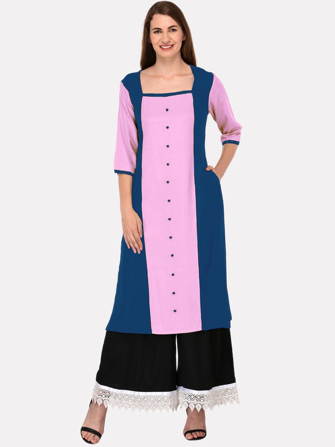 

KALINI Blue & Pink Cotton Colourblocked Panelled Kurta
