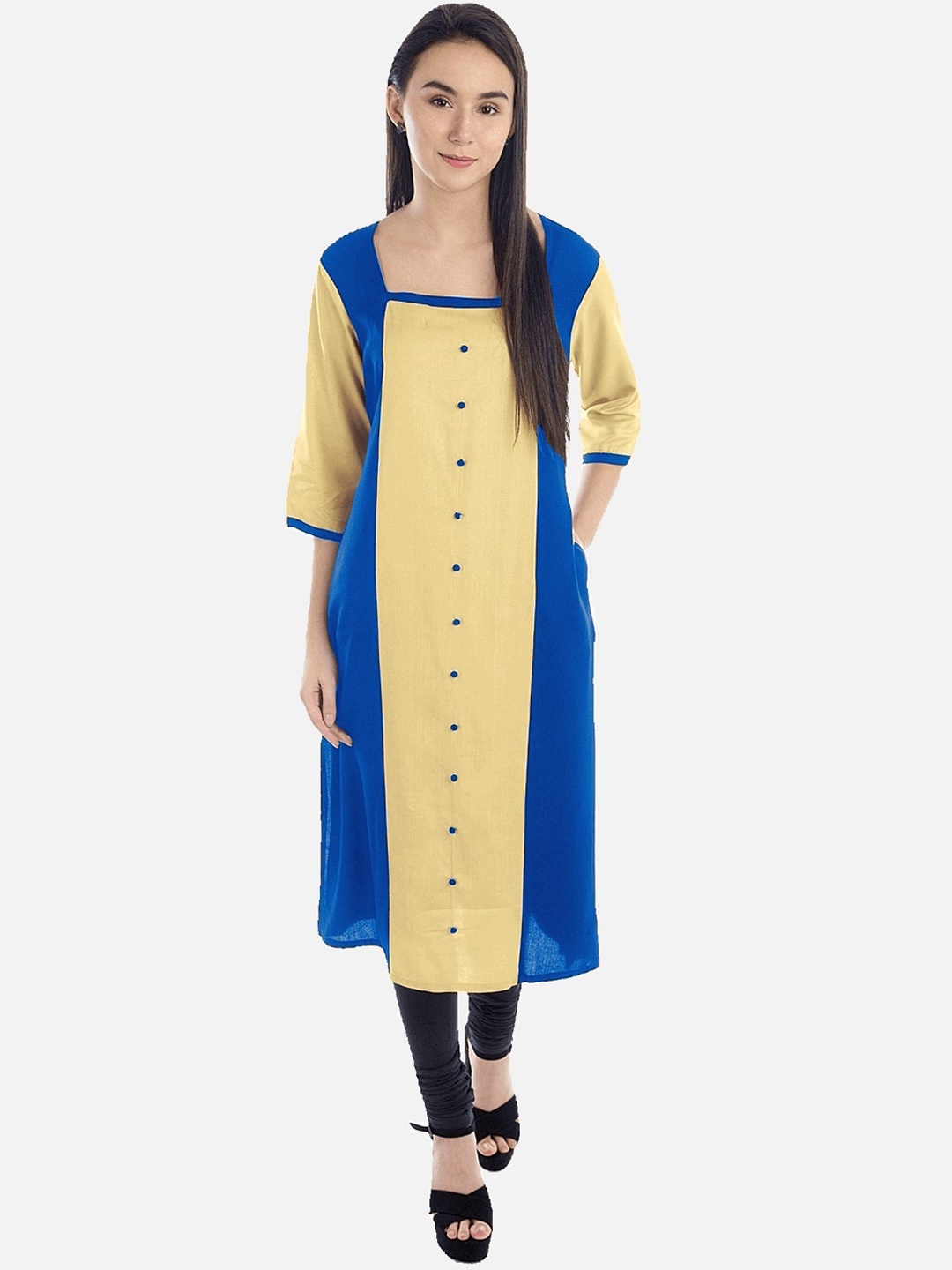 

KALINI Women Yellow & Blue Colourblocked Cotton Kurta