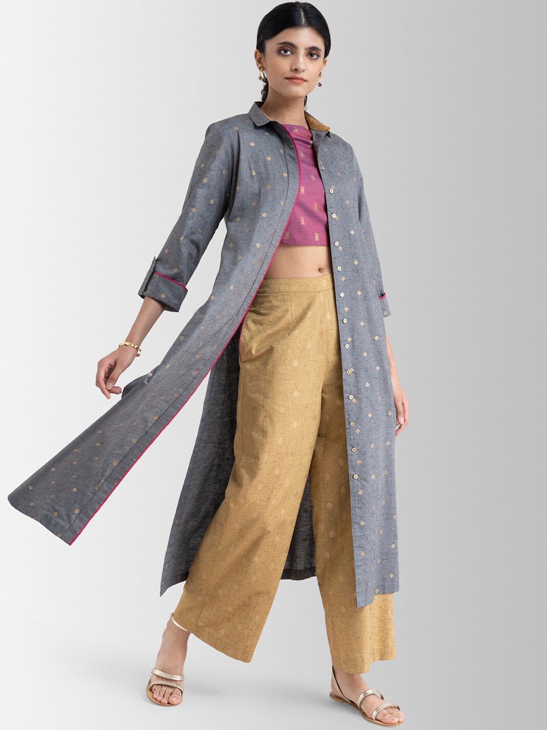 

Pink Fort Women Grey Gold-Toned Foil Printed Longline Open Front Jacket