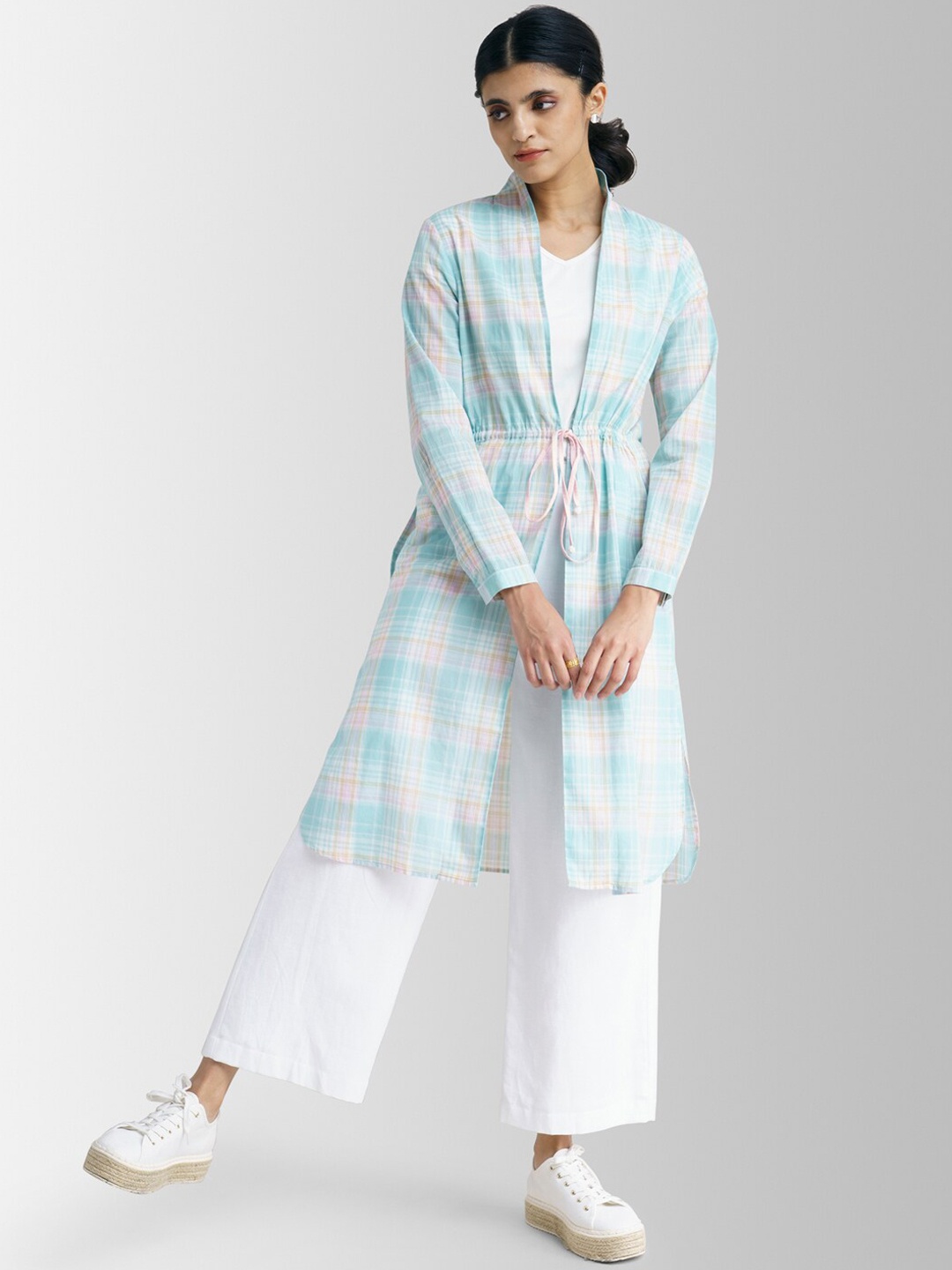 

Pink Fort Blue Cotton Checked Longline Shrug
