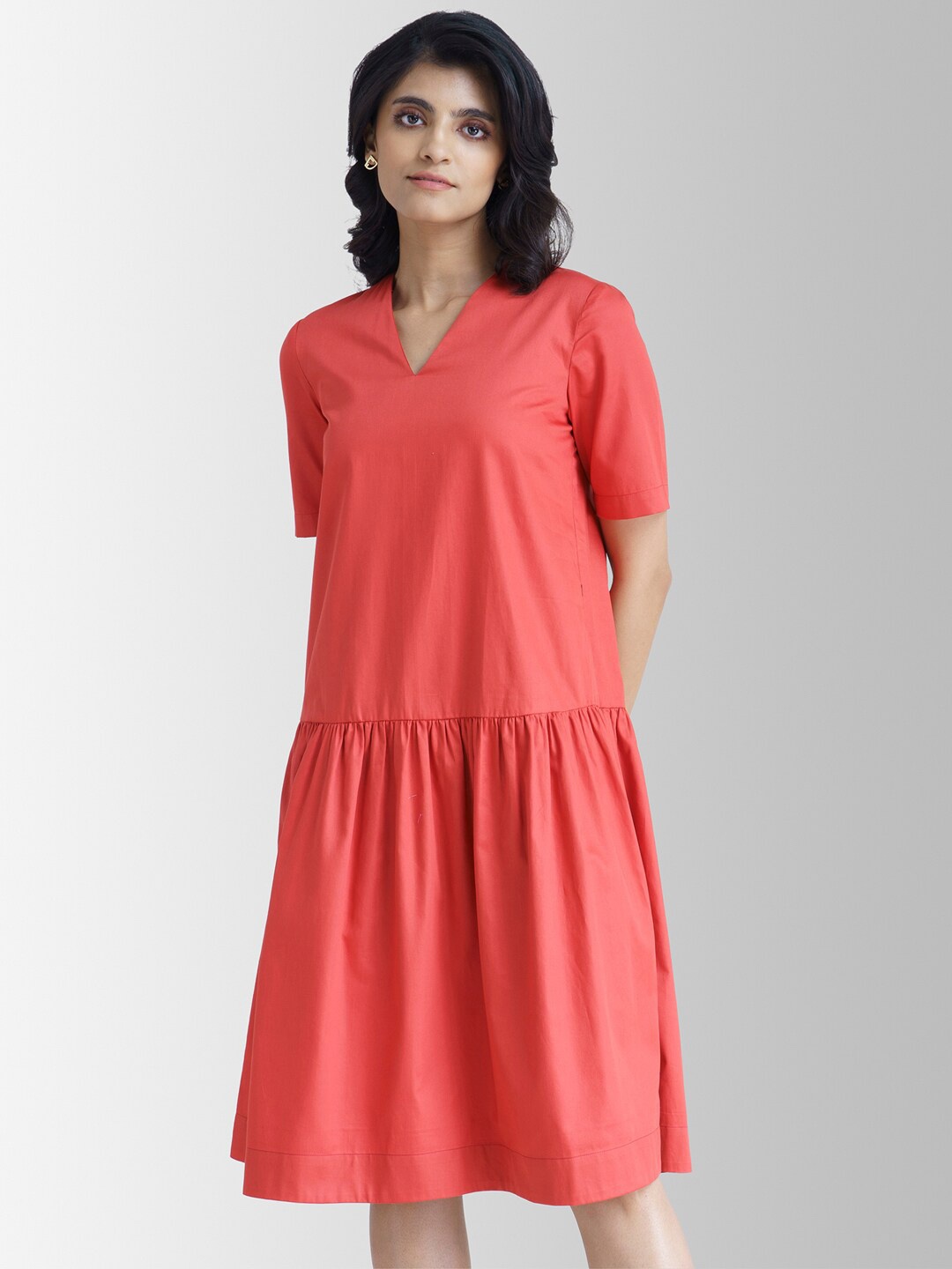 

Pink Fort Orange Solid Waist Drop A-Line Dress