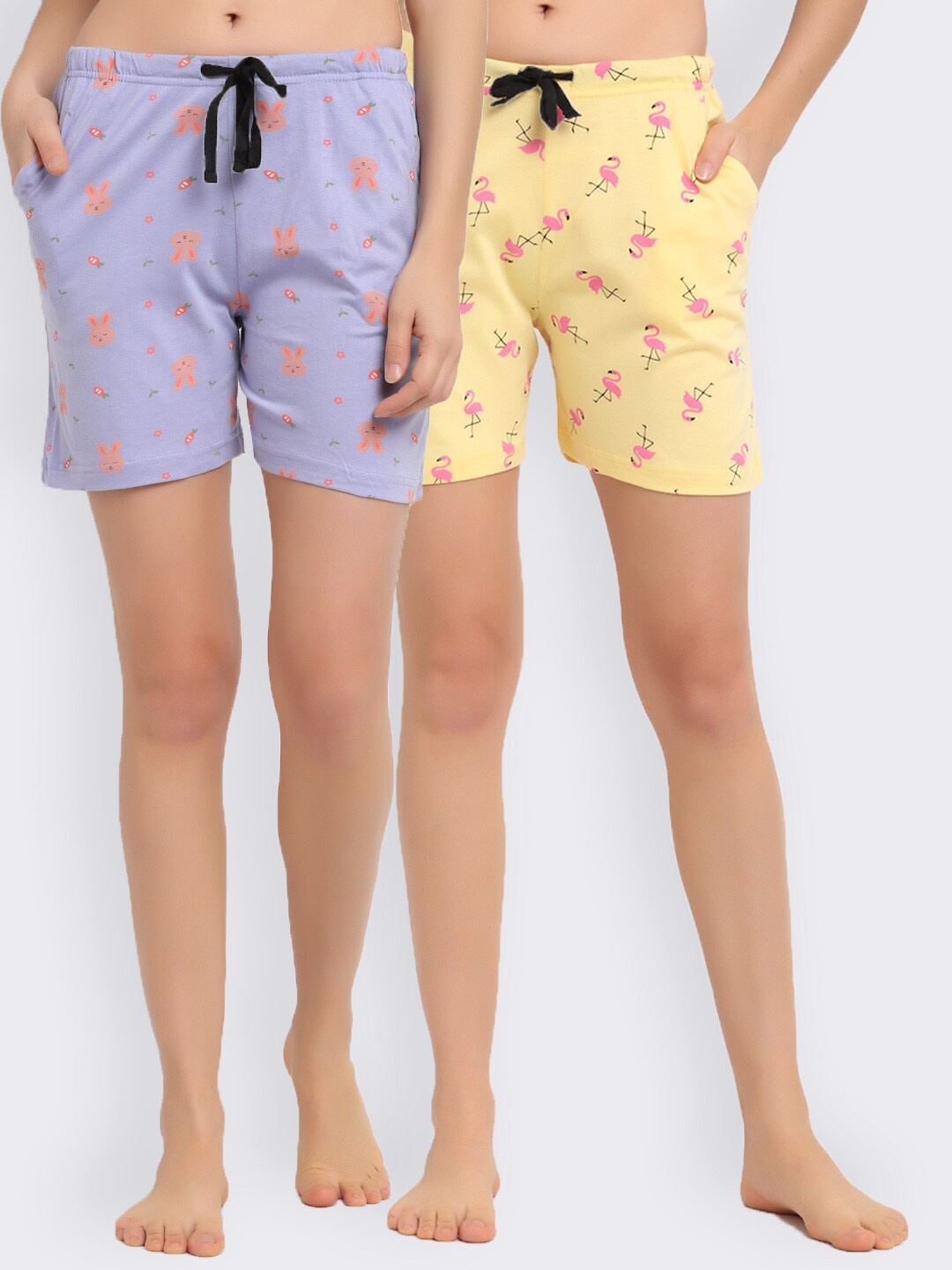 

Kanvin Women Pack Of 2 Yellow & Violet Printed Lounge Shorts