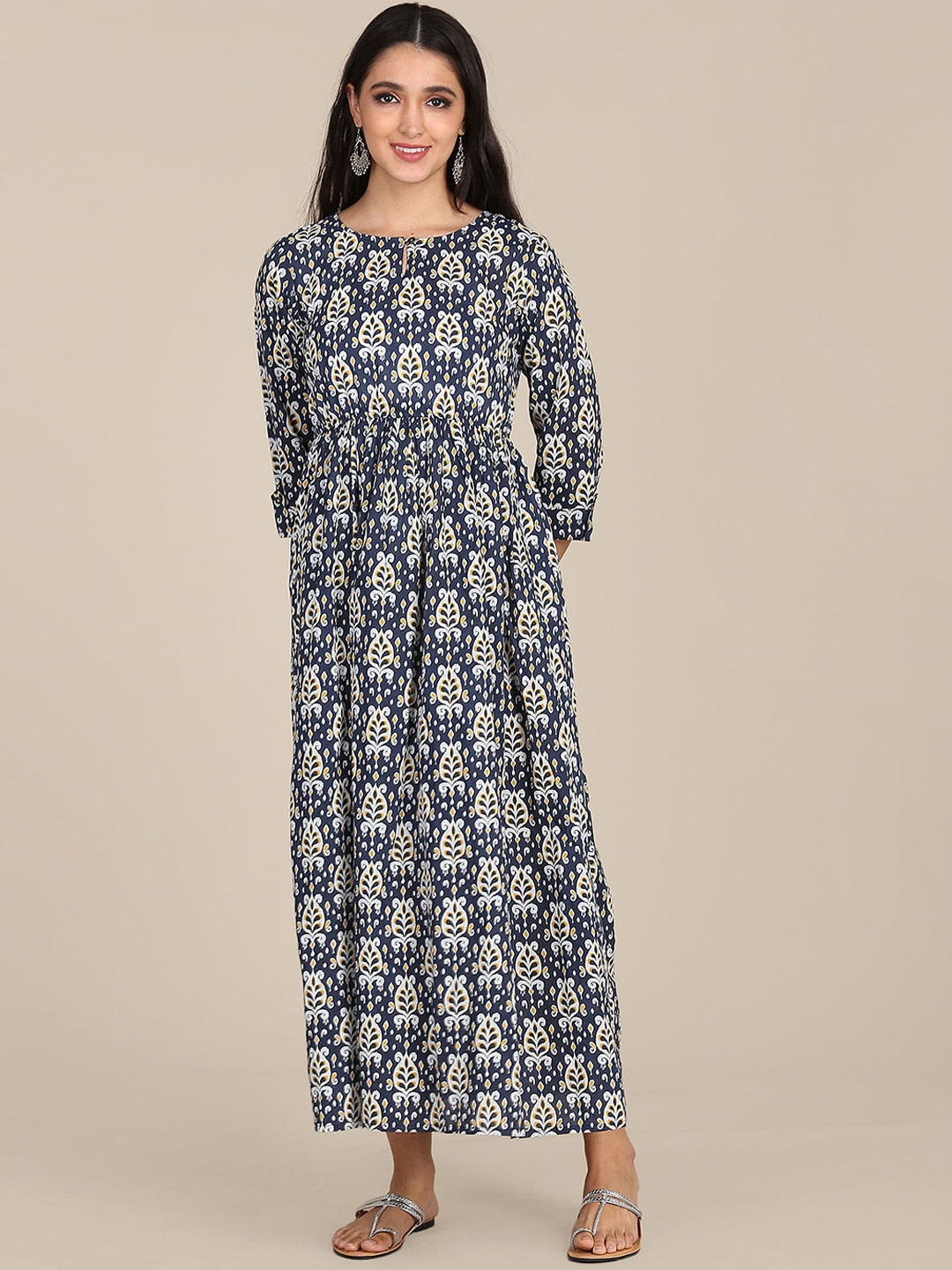 

Karigari Blue Ethnic Motifs Keyhole Neck A-Line Midi Dress