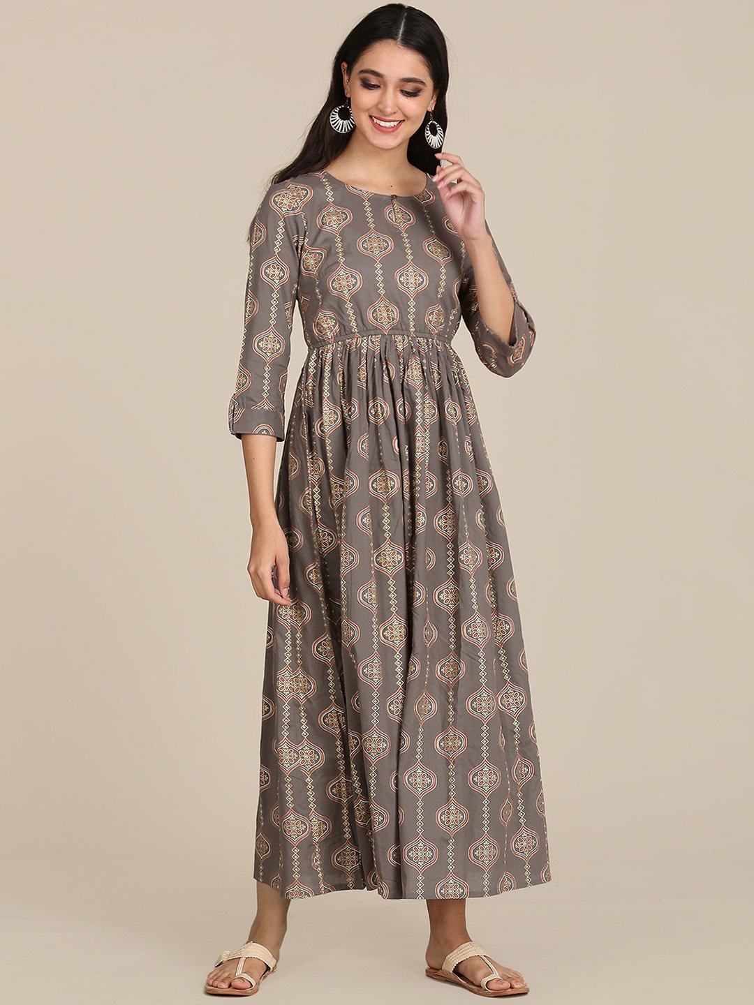 

Karigari Grey Ethnic Motifs Keyhole Neck A-Line Midi Dress