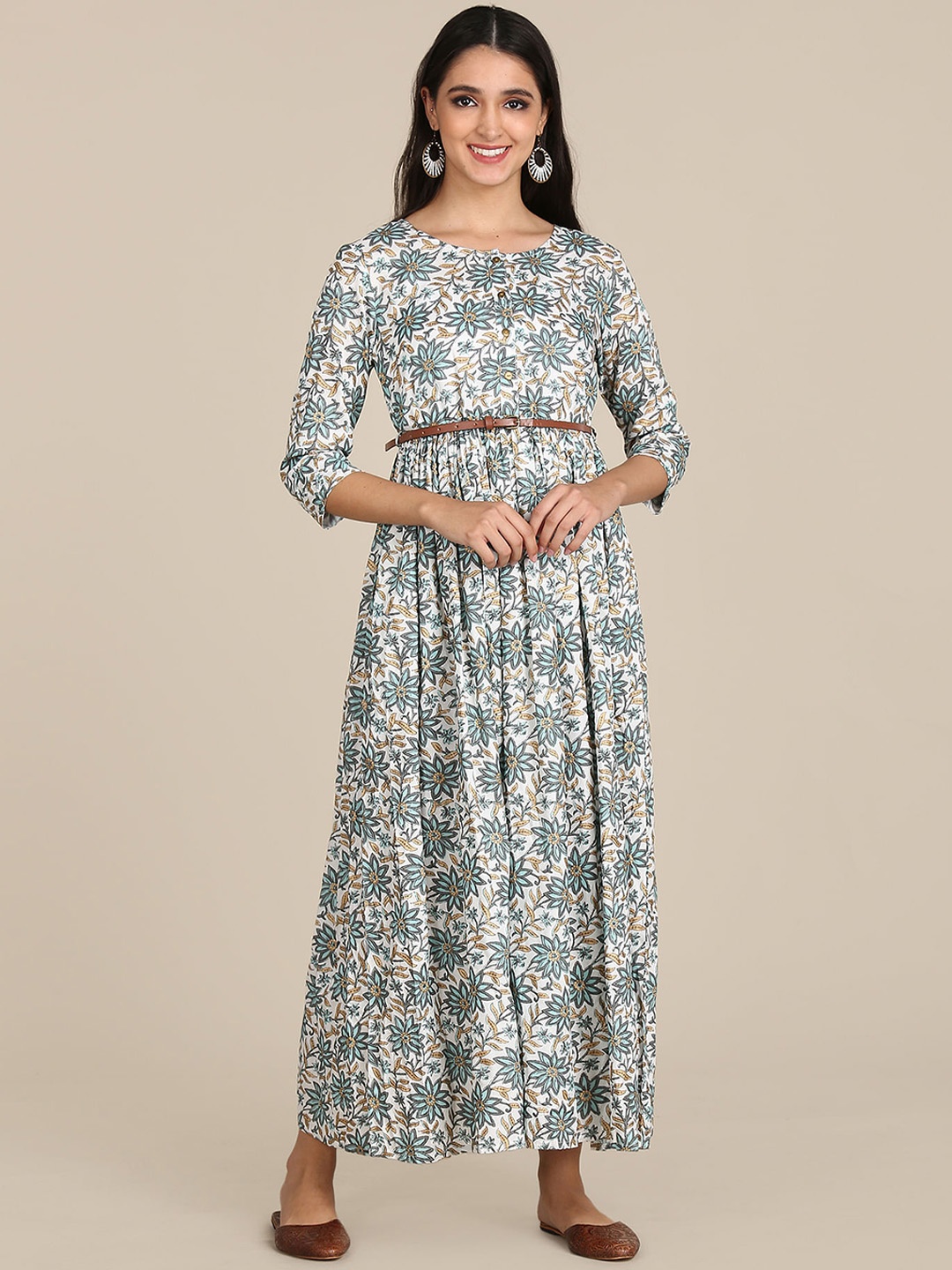 

Karigari White & Blue Floral A-Line Midi Dress