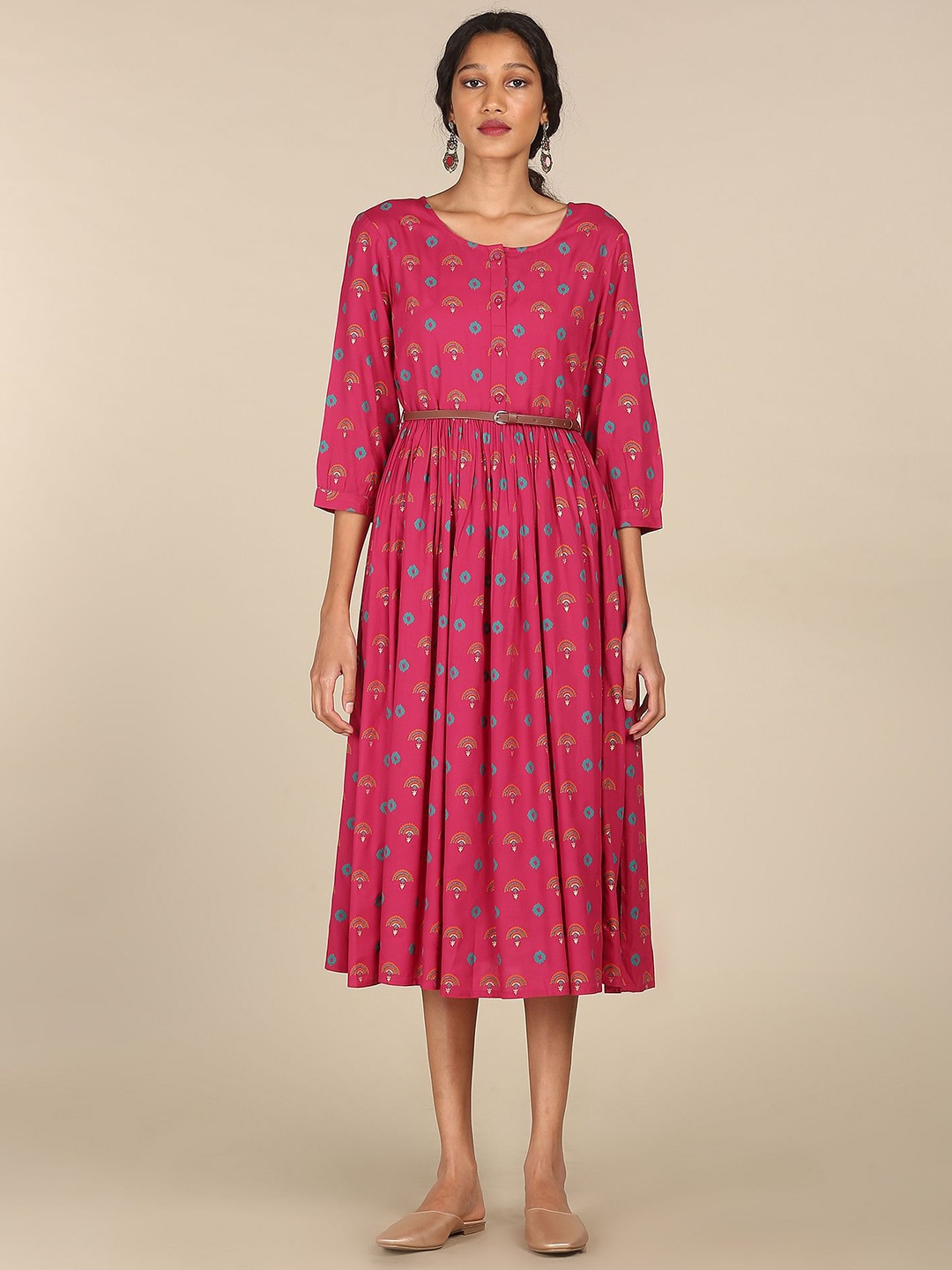 

Karigari Pink Ethnic Motifs A-Line Midi Dress