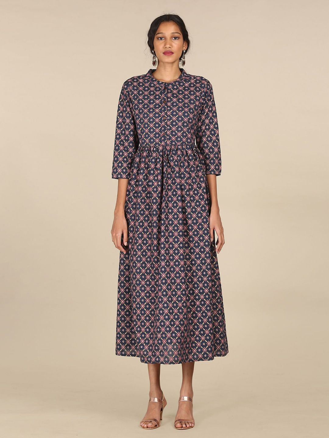 

Karigari Teal Ethnic Printed Midi Cotton Dress, Blue