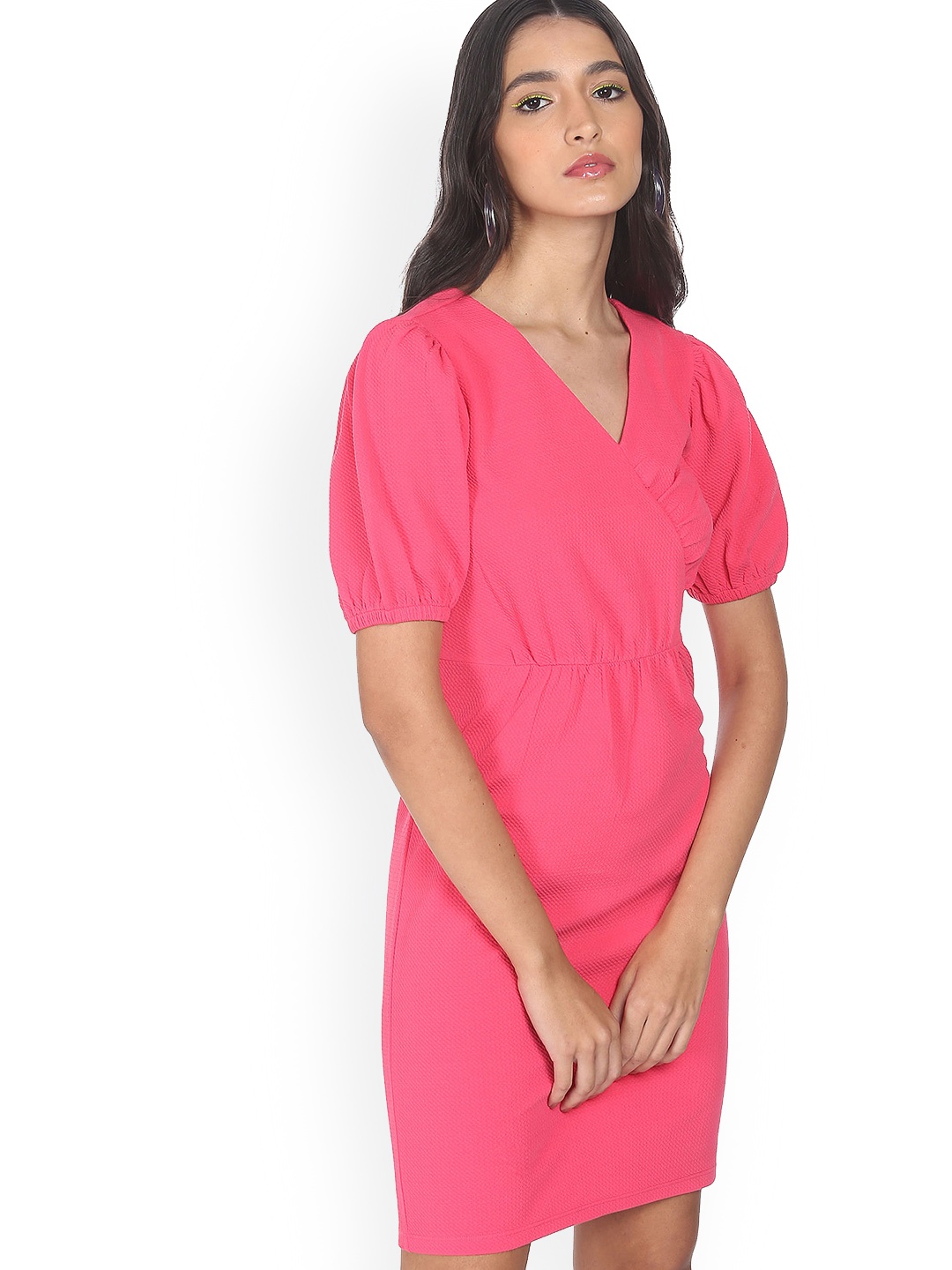 

Sugr Pink Surplice Neck Textured Bodycon Dress