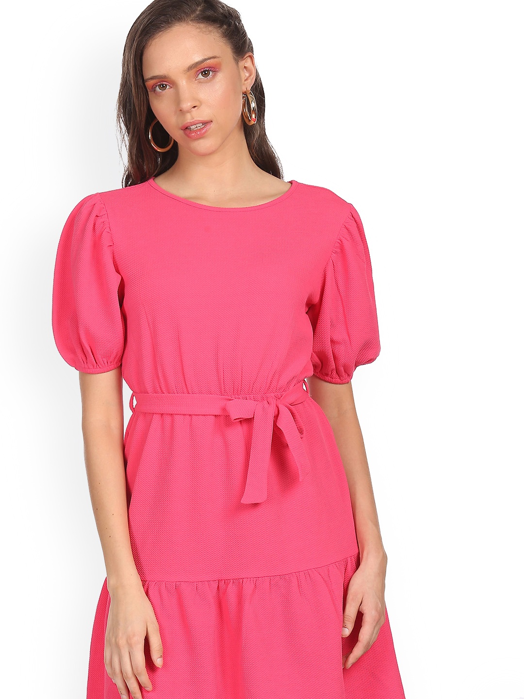 

Sugr Women Pink Puff Sleeve Belted A-Line Dress