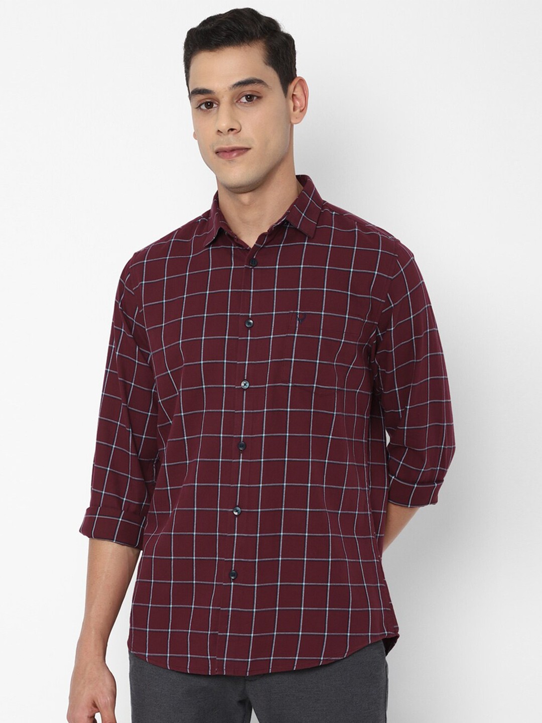 

Allen Solly Men Maroon Slim Fit Windowpane Checked Casual Cotton Shirt