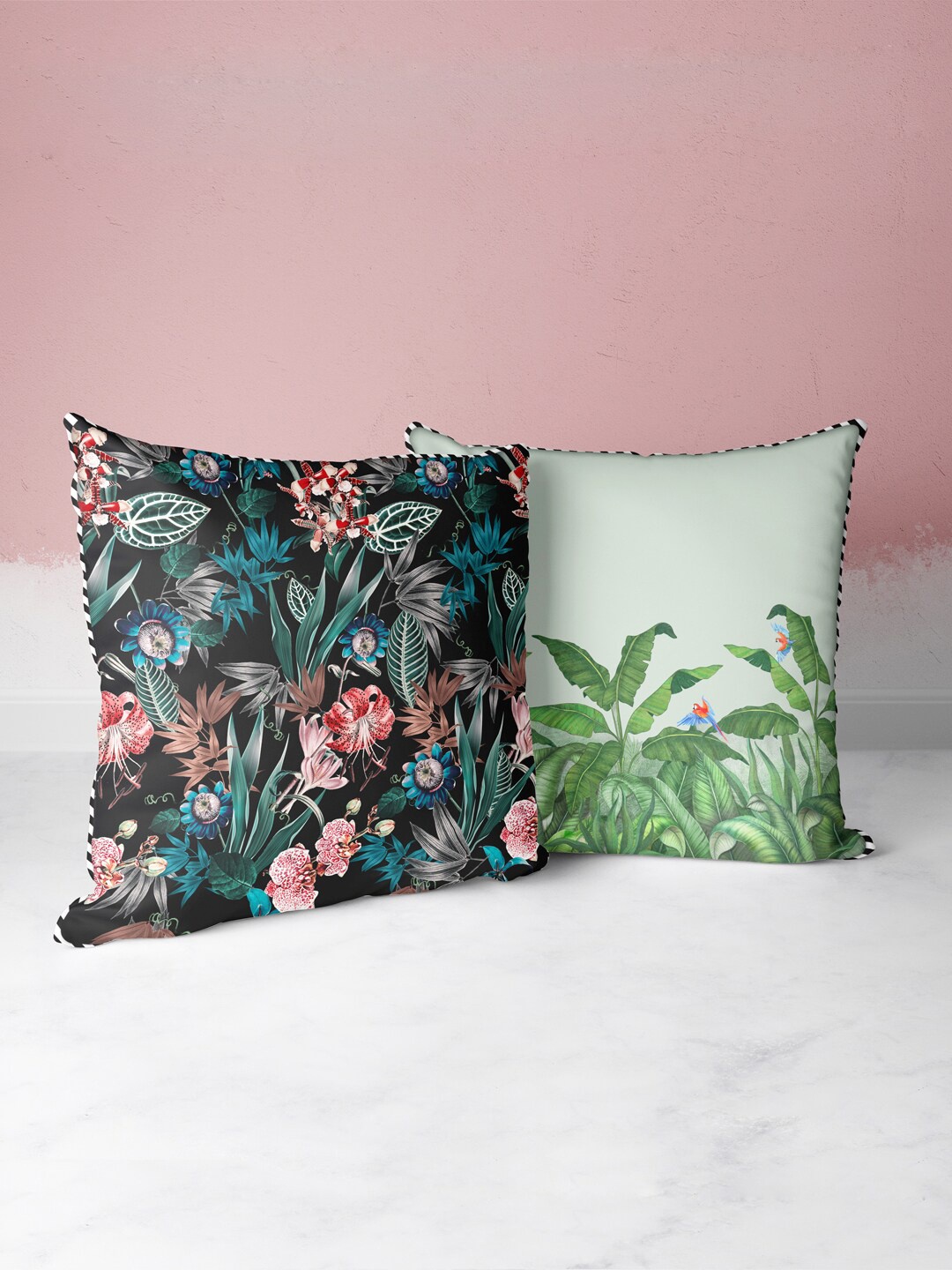 

BIANCA Black & Green Set of 2 Floral Square Cushion Covers