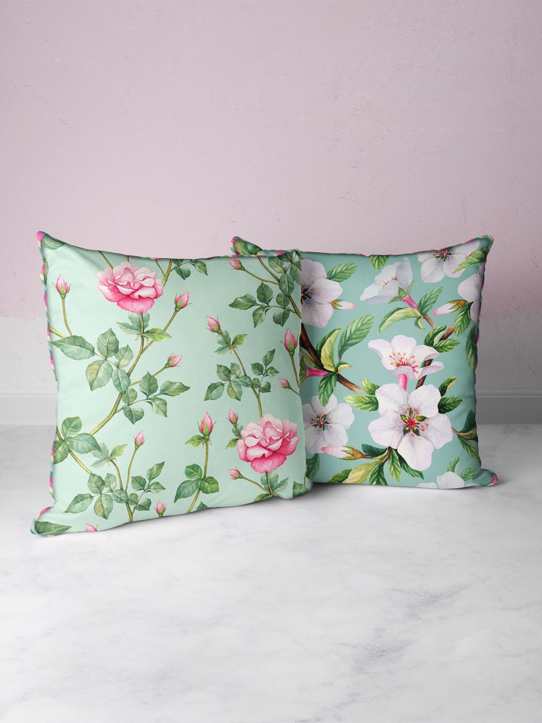 

BIANCA Green & Teal Set of Set Of 2 Floral Square Cushion Covers