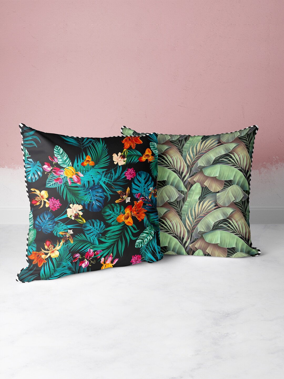 

BIANCA Black & Green Set of 2 Floral Square Cushion Covers