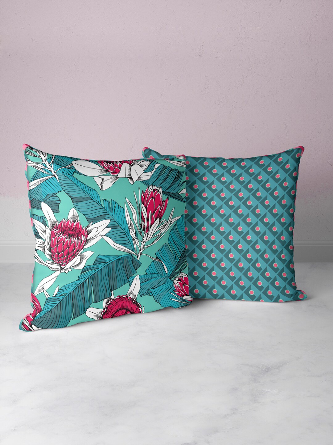 

BIANCA Coral & Teal Set of 2 Floral Square Cushion Covers