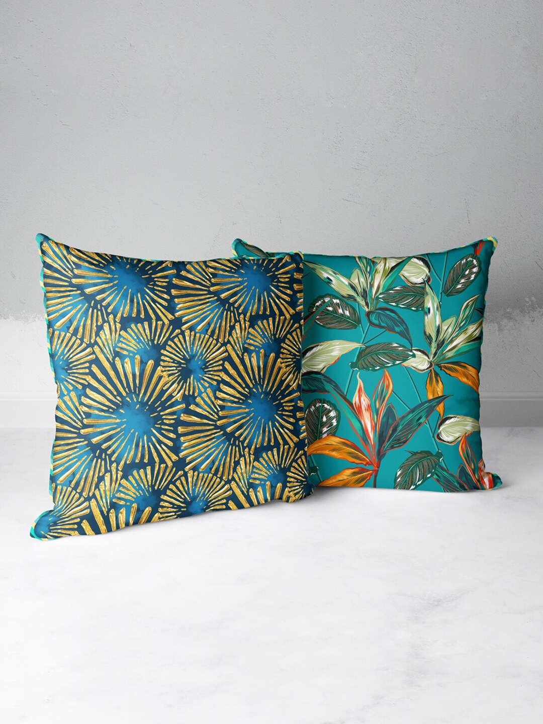 

BIANCA Teal & Gold-Toned Set of 2 Geometric Square Cushion Covers