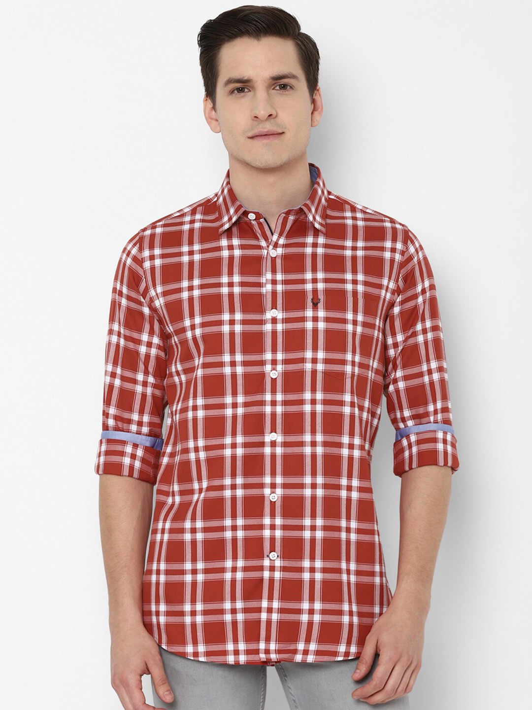 

Allen Solly Men Red & White Slim Fit Tartan Checks Checked Pure Cotton Casual Shirt