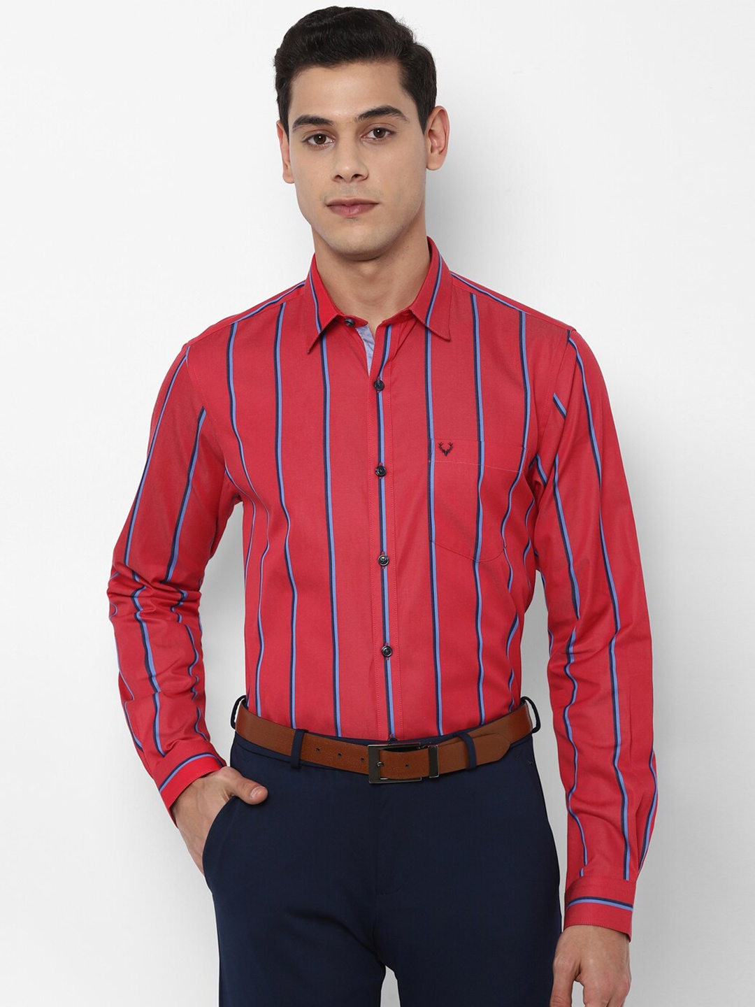 

Allen Solly Men Red & Blue Slim Fit Striped Formal Shirt