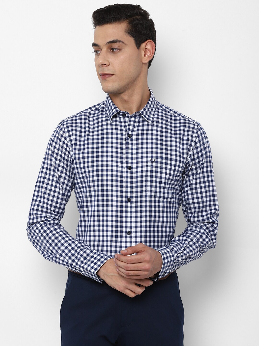 

Allen Solly Men Navy Blue Slim Fit Gingham Checked Cotton Formal Shirt